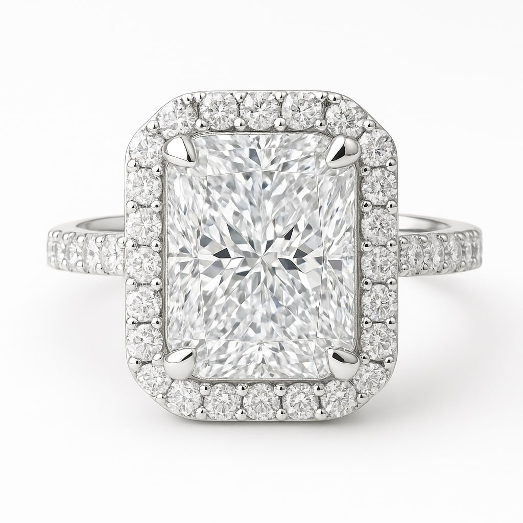 7.50 CT Radiant Cut Lab Grown Diamond Halo Ring with Pavé Band in 14K White Gold: An extraordinary 7.50 carat radiant cut lab grown diamond sparkles brilliantly at the center, surrounded by a dazzling halo of round diamonds. The pavé-set diamond band enhances the brilliance, creat