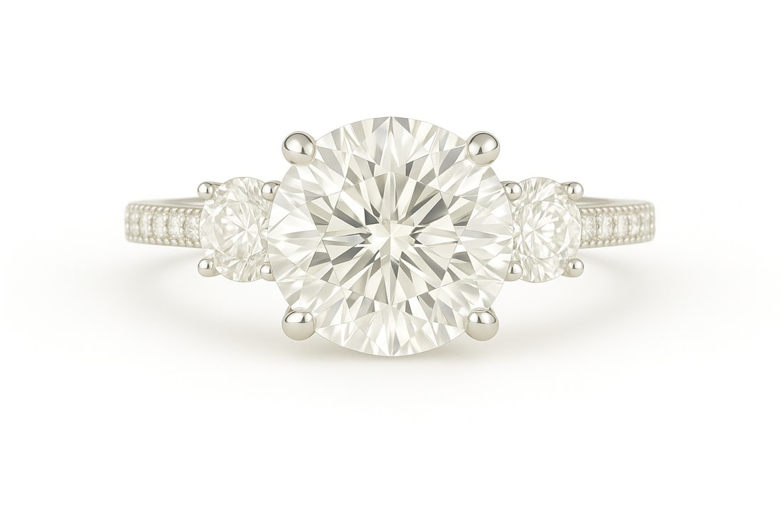 5.00 CT Round Brilliant Lab Grown Diamond Three-Stone Ring with Pavé Band in 14K White Gold: A radiant 5.00 carat round brilliant lab grown diamond shines at the center, enhanced by two matching round side stones. The pavé-set diamond band adds extra sparkle, while the polished 14K white gol