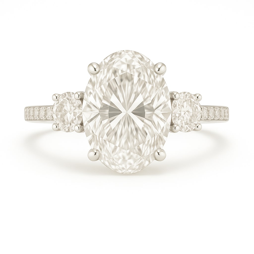 6.50 CT Oval Cut Lab Grown Diamond Three-Stone Ring with Pavé Band in 14K White Gold: A breathtaking 6.50 carat oval cut lab grown diamond glimmers at the center, flanked by two matching round side stones. The pavé-set diamond band adds brilliance from every angle, while the polished 