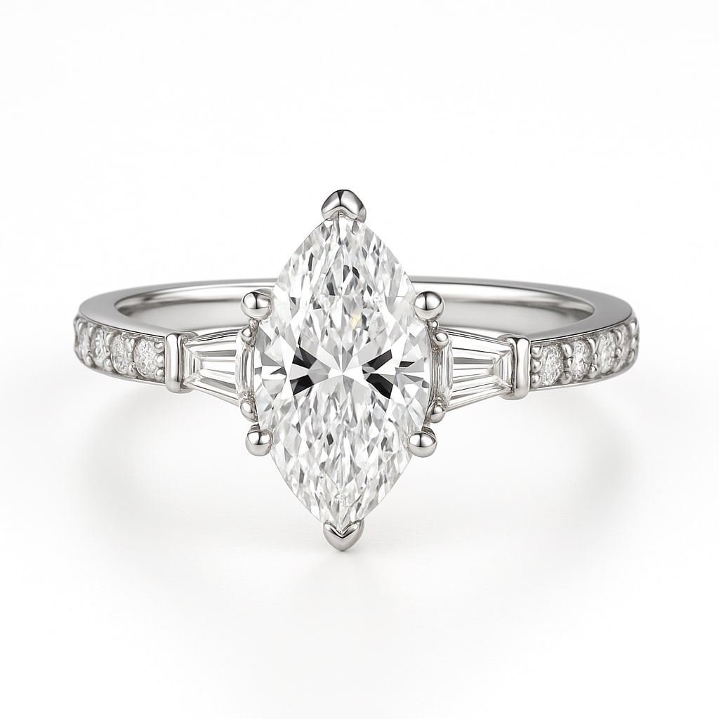 3.50 CT Marquise Cut Lab Grown Diamond Ring with Tapered Baguette Side Stones and Pavé Band in 14K: A refined 3.50 carat marquise cut lab grown diamond sparkles at the center, flanked by tapered baguette side stones for added elegance. The pavé-set diamond band adds brilliance and sophistication, w