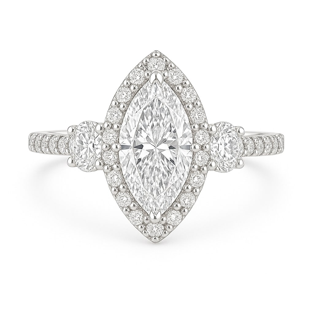 2.50 CT Marquise Cut Lab Grown Diamond Halo Ring with Side Stones and Pavé Band in 14K White Gold: A brilliant 2.50 carat marquise cut lab grown diamond takes center stage, encircled by a sparkling halo of round diamonds. Two additional round side stones and a pavé-set diamond band add even more b