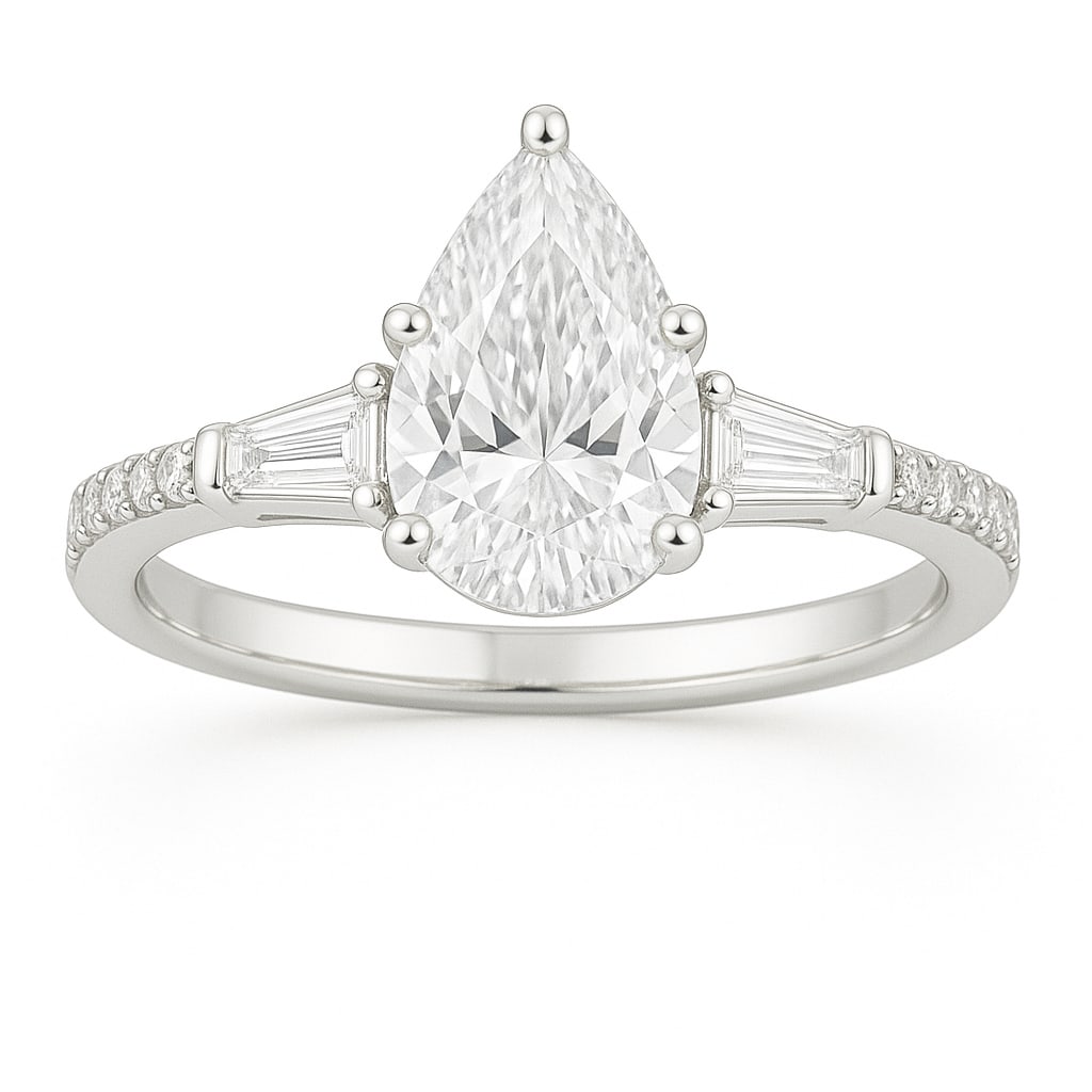 4.50 CT Pear Cut Lab Grown Diamond Ring with Tapered Baguette Side Stones and Pavé Band in 14K: A captivating 4.50 carat pear cut lab grown diamond dazzles with its graceful teardrop shape, enhanced by tapered baguette side stones. The pavé-set diamond band adds extra brilliance, while the poli