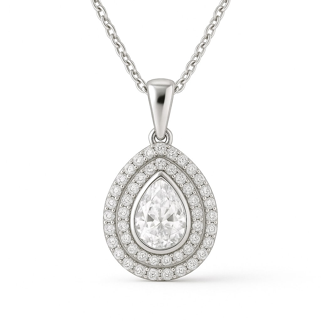 2.00 CT Pear Cut Lab Grown Diamond Double Halo Pendant in 14K White Gold: A dazzling 2.00 carat pear cut lab grown diamond shines at the center, framed by two rows of sparkling round diamonds in a double halo design. Suspended from a polished 14K white gold chain, this pend