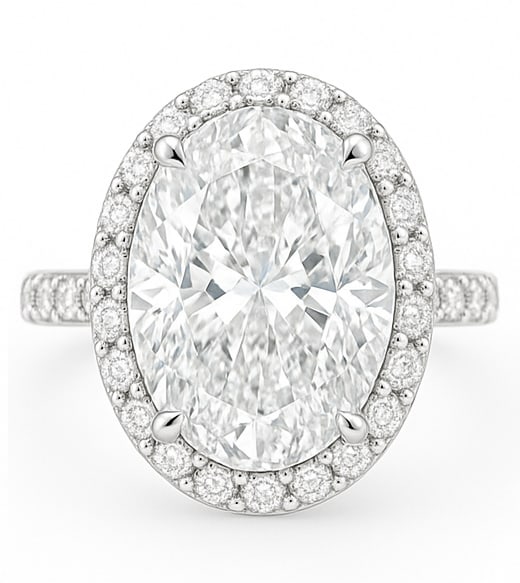 10.00 CT Oval Cut Lab Grown Diamond Halo Ring with Pavé Band in 14K White Gold: An exquisite 10.00 carat oval cut lab grown diamond commands attention at the center, surrounded by a shimmering halo of round diamonds. The pavé-set diamond band adds brilliance from every angle, wh