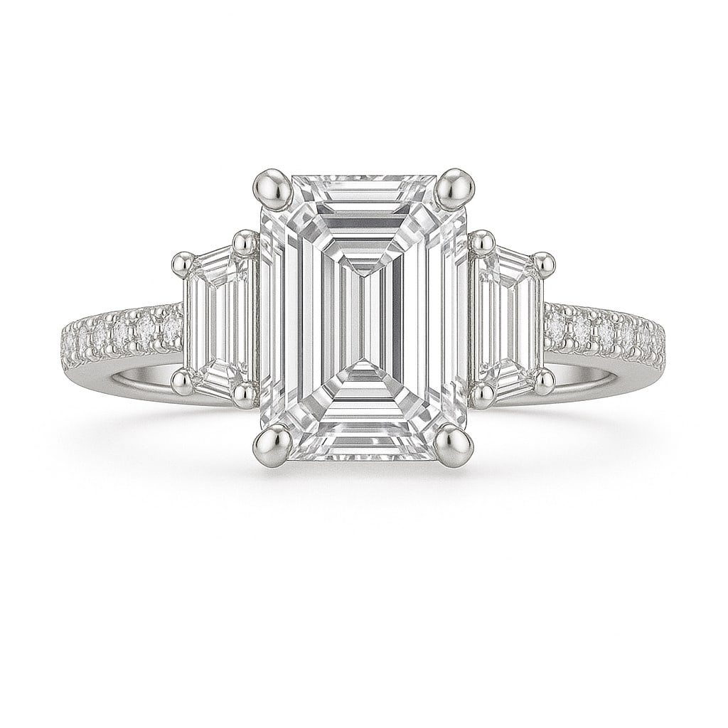 5.50 CT Emerald Cut Lab Grown Diamond Three-Stone Ring with Trapezoid Side Stones in 14K White Gold: An impressive 5.50 carat emerald cut lab grown diamond takes center stage, flanked by two trapezoid side stones that enhance its step-cut brilliance. The pavé-set diamond band adds extra sparkle, whi