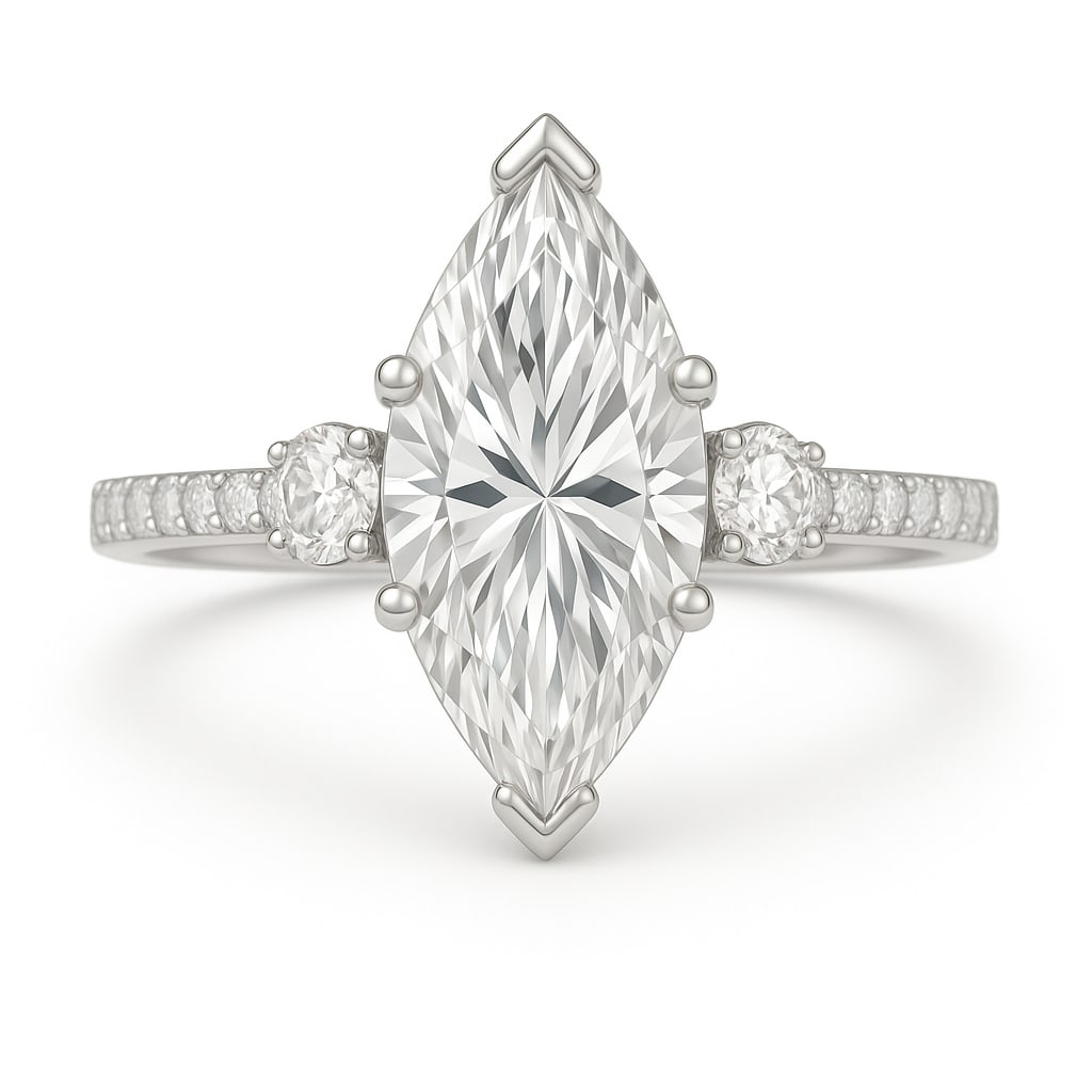 5.00 CT Marquise Cut Lab Grown Diamond Three-Stone Ring with Round Side Stones in 14K White Gold: A brilliant 5.00 carat marquise cut lab grown diamond sparkles at the center, enhanced by two round side stones and a pavé-set diamond band. The elongated marquise shape creates a flattering, elegant