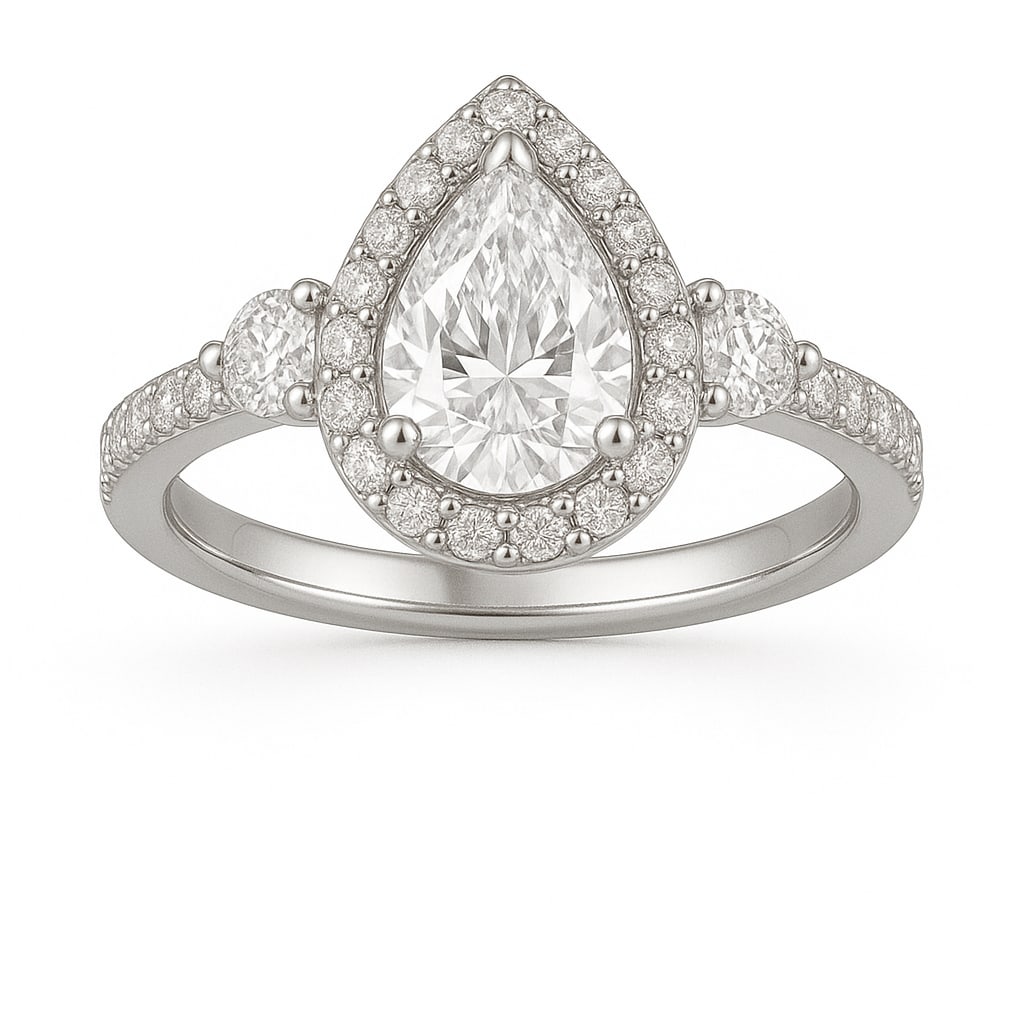 3.00 CT Pear Cut Lab Grown Diamond Halo Ring with Side Stones in 14K White Gold: A stunning 3.00 carat pear cut lab grown diamond sparkles at the center, surrounded by a halo of brilliant round diamonds. Additional side stones and a pavé-set diamond band enhance the brilliance, w