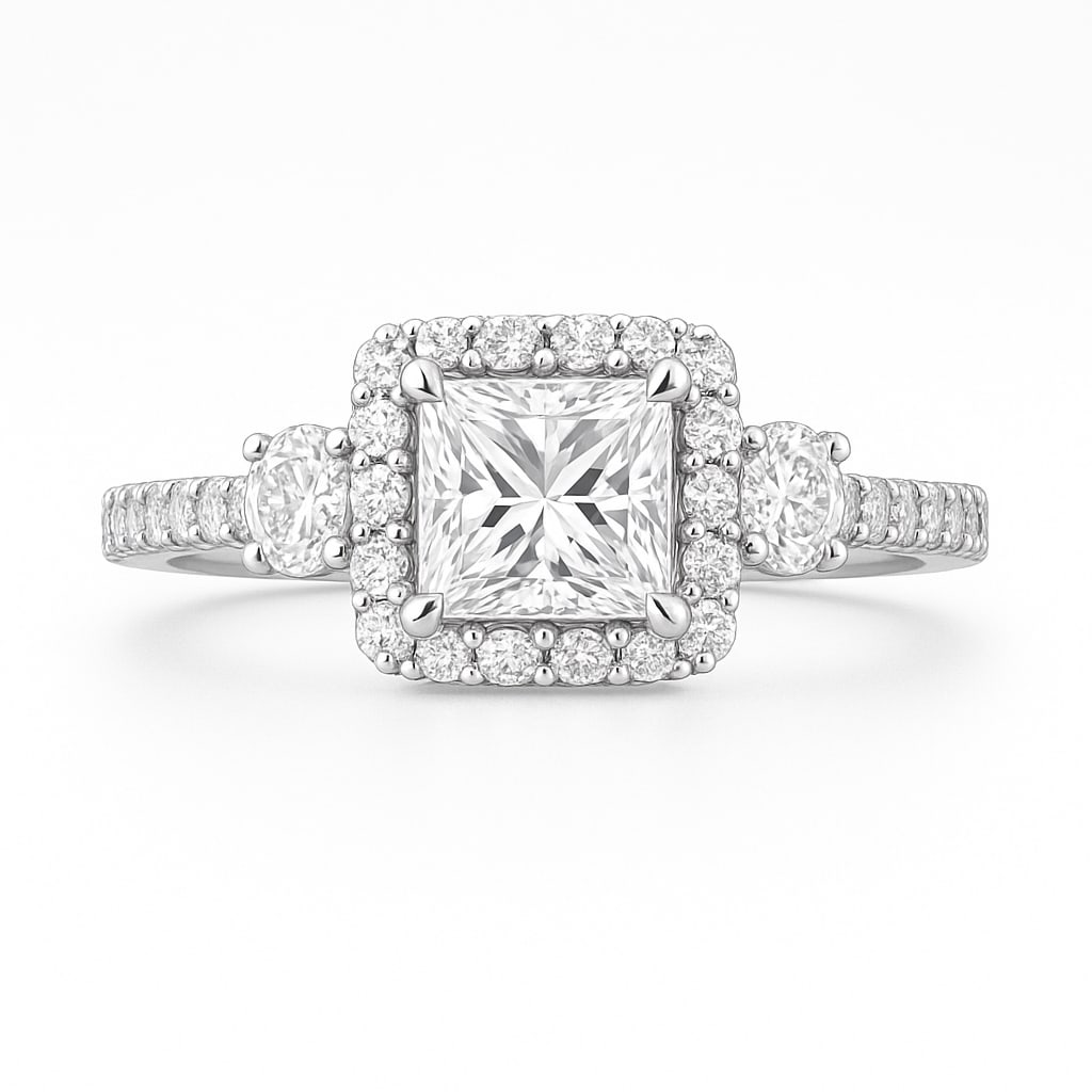 2.50 CT Princess Cut Lab Grown Diamond Halo Ring with Side Stones in 14K White Gold: A brilliant 2.50 carat princess cut lab grown diamond glitters at the center, framed by a sparkling halo of round diamonds. Additional round side stones and a pavé-set diamond band complete the desig