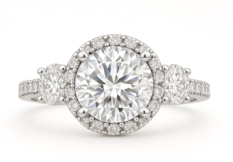 7.50 CT Round Brilliant Lab Grown Diamond Halo Ring with Side Stones in 14K White Gold: A breathtaking 7.50 carat round brilliant lab grown diamond sparkles at the center, encircled by a shimmering halo of diamonds. Two matching side stones and a pavé-set diamond band add brilliance and