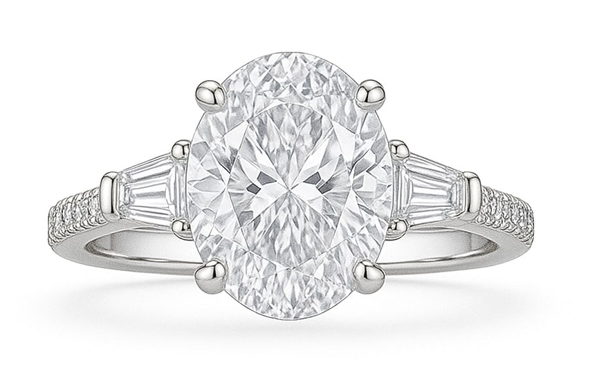 7.50 CT Oval Cut Lab Grown Diamond Ring with Tapered Baguette Side Stones in 14K White Gold: A stunning 7.50 carat oval cut lab grown diamond sparkles brilliantly at the center, accented by tapered baguette side stones. The pavé-set diamond band enhances its brilliance, while the polished 14