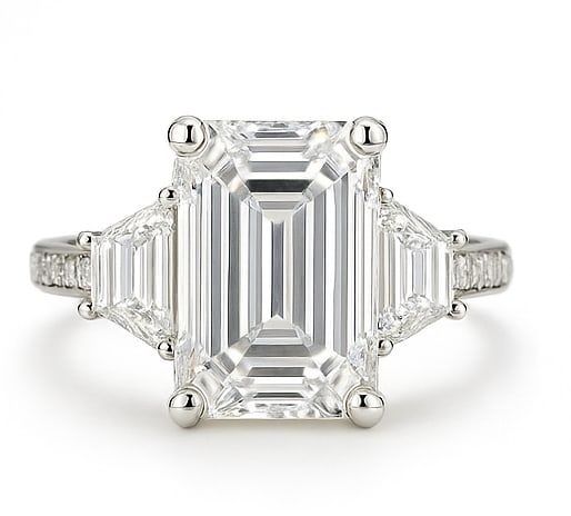 10.00 CT Emerald Cut Lab Grown Diamond Three-Stone Ring with Trapezoid Side Stones in 14K White Gold: A magnificent 10.00 carat emerald cut lab grown diamond dazzles at the center, accented by two trapezoid side stones that amplify its geometric brilliance. The pavé-set diamond band adds extra sparkl