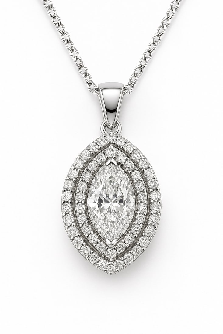 2.00 CT Marquise Cut Lab Grown Diamond Double Halo Pendant in 14K White Gold: A dazzling 2.00 carat marquise cut lab grown diamond sparkles at the center, framed by two rows of shimmering round diamonds in a double halo design. Suspended from a polished 14K white gold chain, th