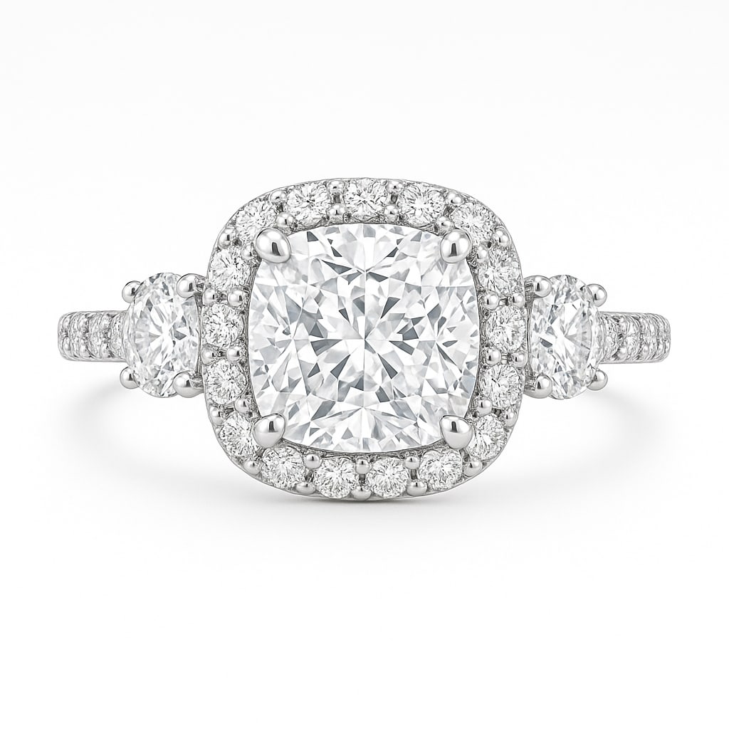 3.50 CT Cushion Cut Lab Grown Diamond Halo Ring with Side Stones in 14K White Gold: A radiant 3.50 carat cushion cut lab grown diamond shines at the center, framed by a halo of brilliant round diamonds. Two oval side stones and a pavé-set diamond band add extra brilliance, while the