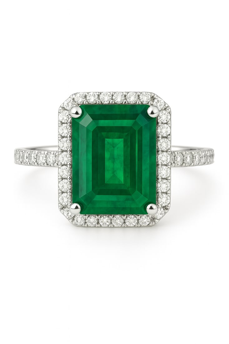 10.00 CT Emerald Cut Lab Grown Emerald Halo Ring with Lab Grown Diamond Accents in 14K White Gold (1 of 2)