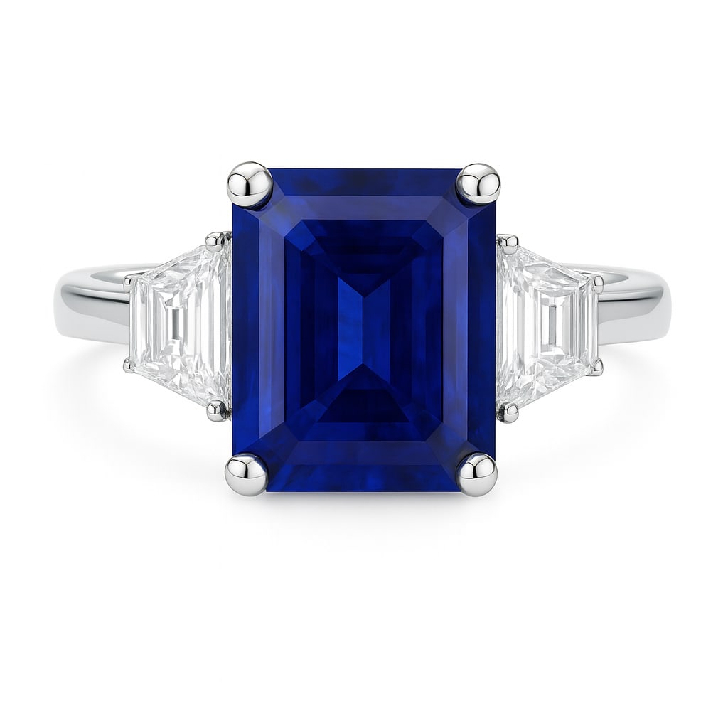 15.00 CT Emerald Cut Lab Grown Blue Sapphire Three-Stone Ring with Lab Grown Diamond Side Stones in: An extraordinary 15.00 carat emerald cut lab grown blue sapphire radiates a deep, vivid hue at the center, flanked by two trapezoid cut lab grown diamonds. Set in polished 14K white gold, this regal t