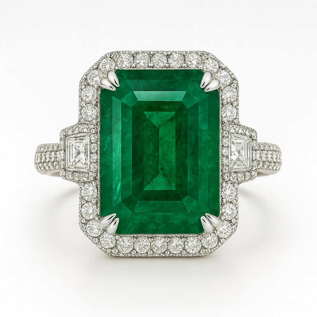 15.00 CT Emerald Cut Lab Grown Emerald Halo Ring with Lab Grown Diamond Side Stones in 14K White: A majestic 15.00 carat lab grown emerald shines at the center, framed by a sparkling halo of round lab grown diamonds. Two trapezoid side stones and a pavé-set diamond band enhance its brilliance, wh