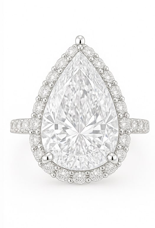 10.00 CT Pear Cut Lab Grown Diamond Halo Ring with Pavé Band in 14K White Gold: A magnificent 10.00 carat pear cut lab grown diamond dazzles at the center, encircled by a shimmering halo of round diamonds. The pavé-set diamond band adds brilliance and sparkle from every angle, w