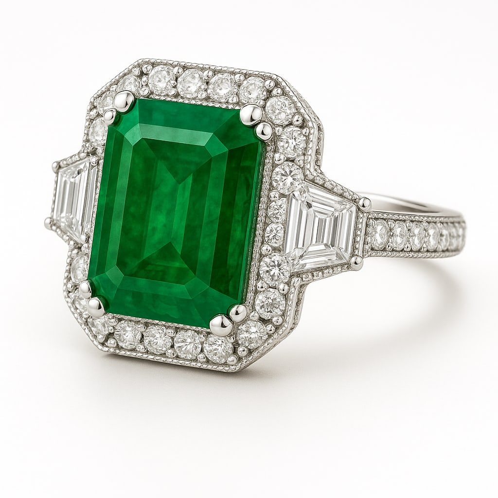 10.00 CT Emerald Cut Lab Grown Emerald Halo Ring with Lab Grown Diamond Side Stones in 14K White: A regal 10.00 carat emerald cut lab grown emerald shines with vibrant green brilliance, framed by a glittering halo of round lab grown diamonds. Trapezoid side stones and a pavé-set diamond band add 