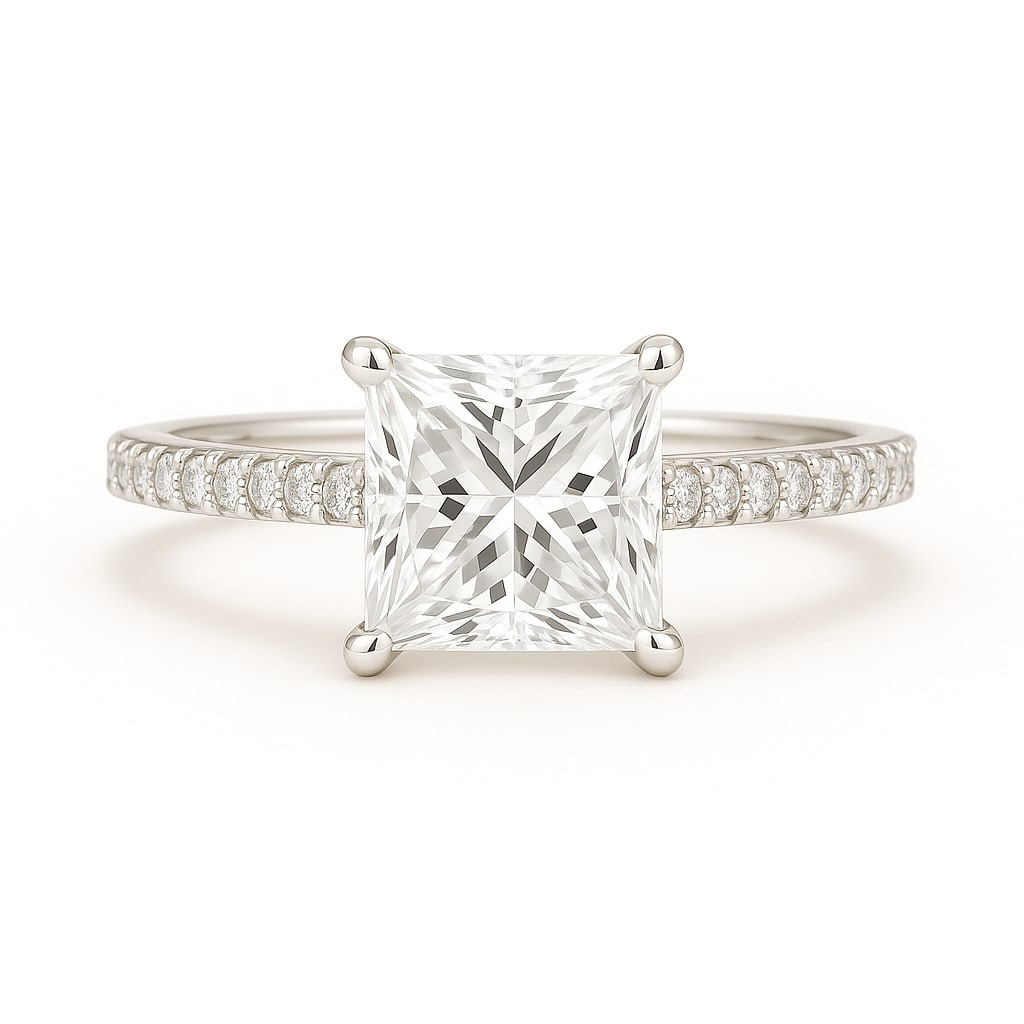 4.00 CT Princess Cut Lab Grown Diamond Solitaire Ring with Pavé Band in 14K White Gold: A striking 4.00 carat princess cut lab grown diamond sparkles at the center, set in a sleek solitaire design. The pavé-set diamond band enhances its brilliance, while the polished 14K white gold sett