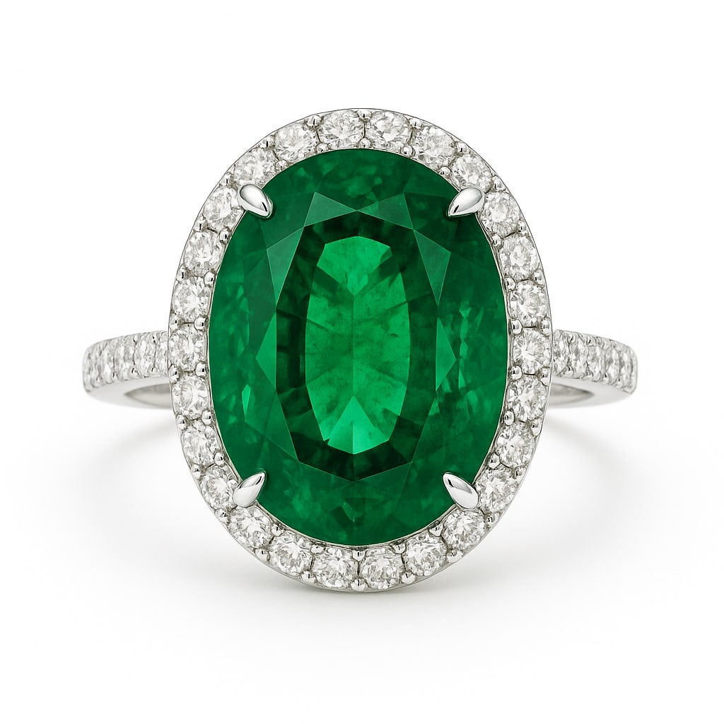 10.00 CT Oval Cut Lab Grown Emerald Halo Ring with Lab Grown Diamond Accents in 14K White Gold: A majestic 10.00 carat oval cut lab grown emerald captivates with its deep green brilliance, encircled by a halo of sparkling round lab grown diamonds. The pavé-set diamond band enhances the overall 