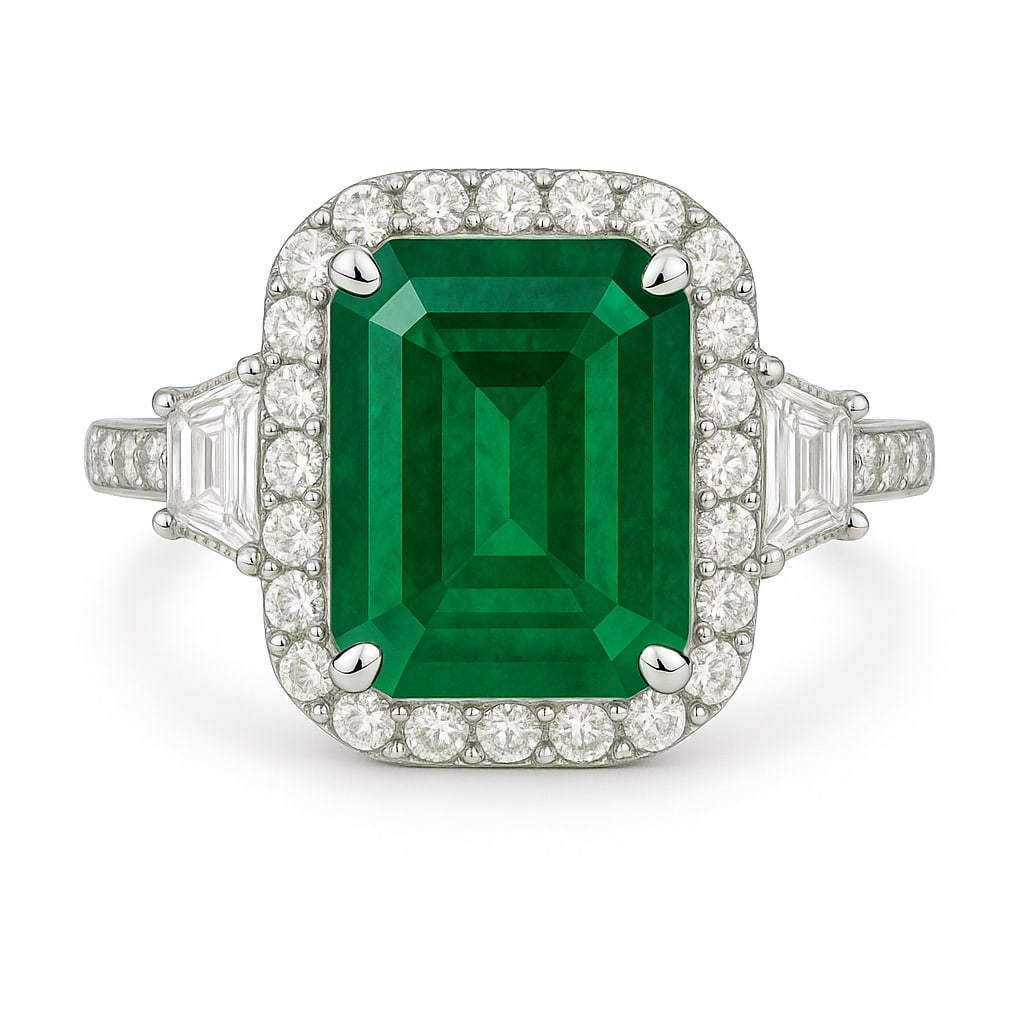 15.00 CT Emerald Cut Lab Grown Emerald Halo Ring with Lab Grown Diamond Side Stones in 14K White: A magnificent 15.00 carat emerald cut lab grown emerald glows with vivid green brilliance, surrounded by a halo of round lab grown diamonds. Trapezoid cut side stones and a polished pavé-set diamond 