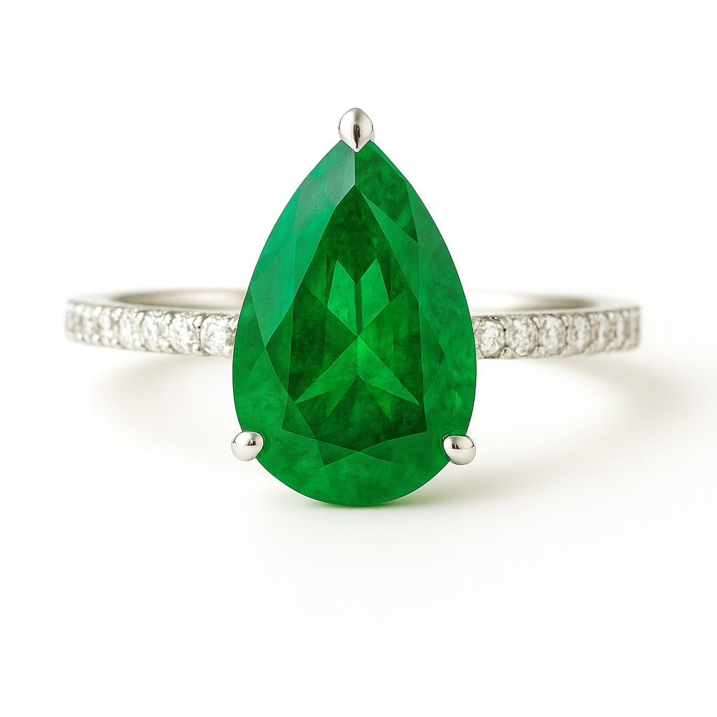 7.50 CT Pear Cut Lab Grown Emerald Solitaire Ring with Pavé Band in 14K White Gold: A striking 7.50 carat pear cut lab grown emerald radiates vibrant green brilliance in a sleek solitaire design. The pavé-set diamond band enhances the sparkle, while the polished 14K white gold setti