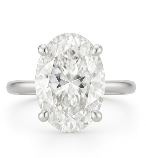 10.00 CT Oval Cut Lab Grown Diamond Solitaire Ring in 14K White Gold: An extraordinary 10.00 carat oval cut lab grown diamond takes center stage in this refined solitaire design. Set in polished 14K white gold, the elongated oval shape creates a flattering silhouette wi