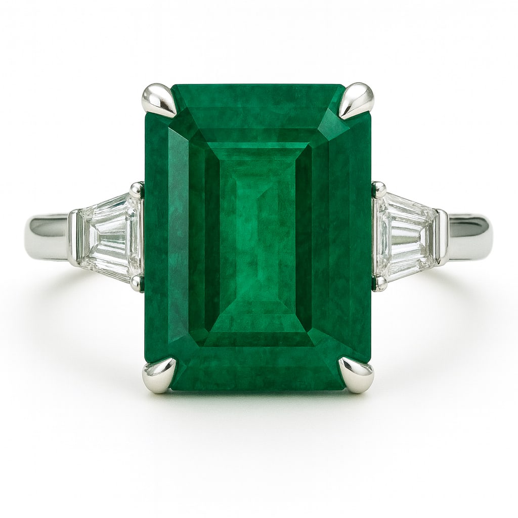15.00 CT Emerald Cut Lab Grown Emerald Ring with Lab Grown Diamond Side Stones in 14K White Gold: A majestic 15.00 carat emerald cut lab grown emerald radiates rich green brilliance at the center, flanked by two trapezoid cut lab grown diamonds. Set in polished 14K white gold, this sophisticated t
