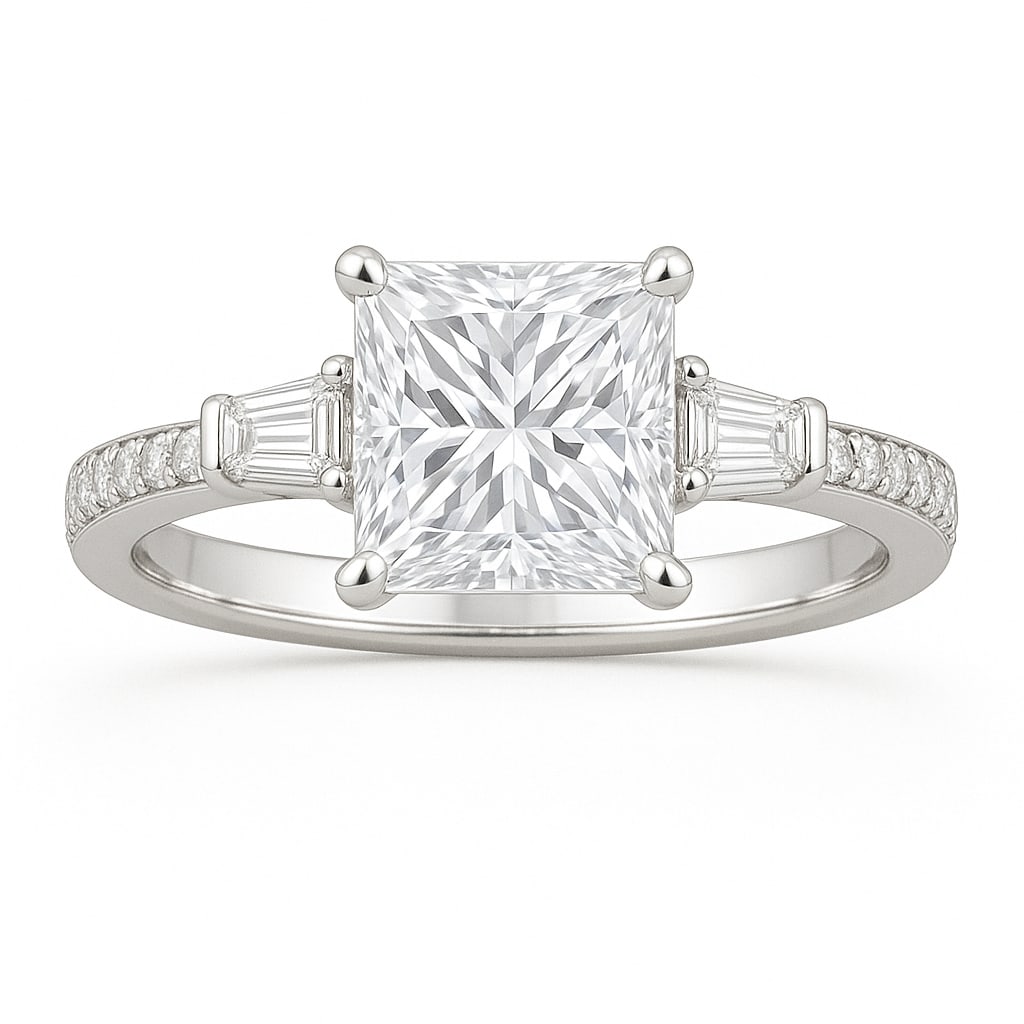 5.50 CT Princess Cut Lab Grown Diamond Ring with Tapered Baguette Side Stones in 14K White Gold: A brilliant 5.50 carat princess cut lab grown diamond sparkles with its sharp facets, flanked by tapered baguette side stones for added elegance. The pavé-set diamond band enhances the overall brilli