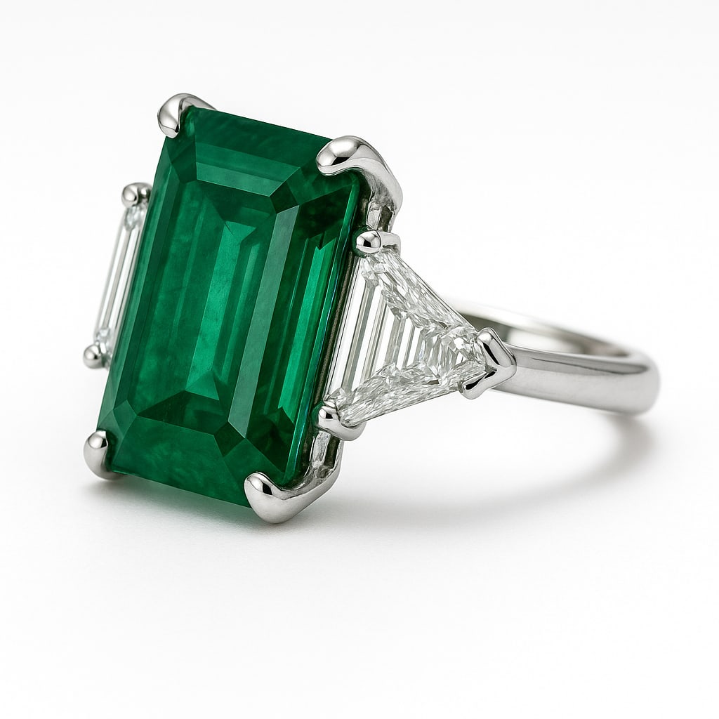 10.00 CT Emerald Cut Lab Grown Emerald Three-Stone Ring with Lab Grown Diamond Side Stones in 14K (1 of 2)