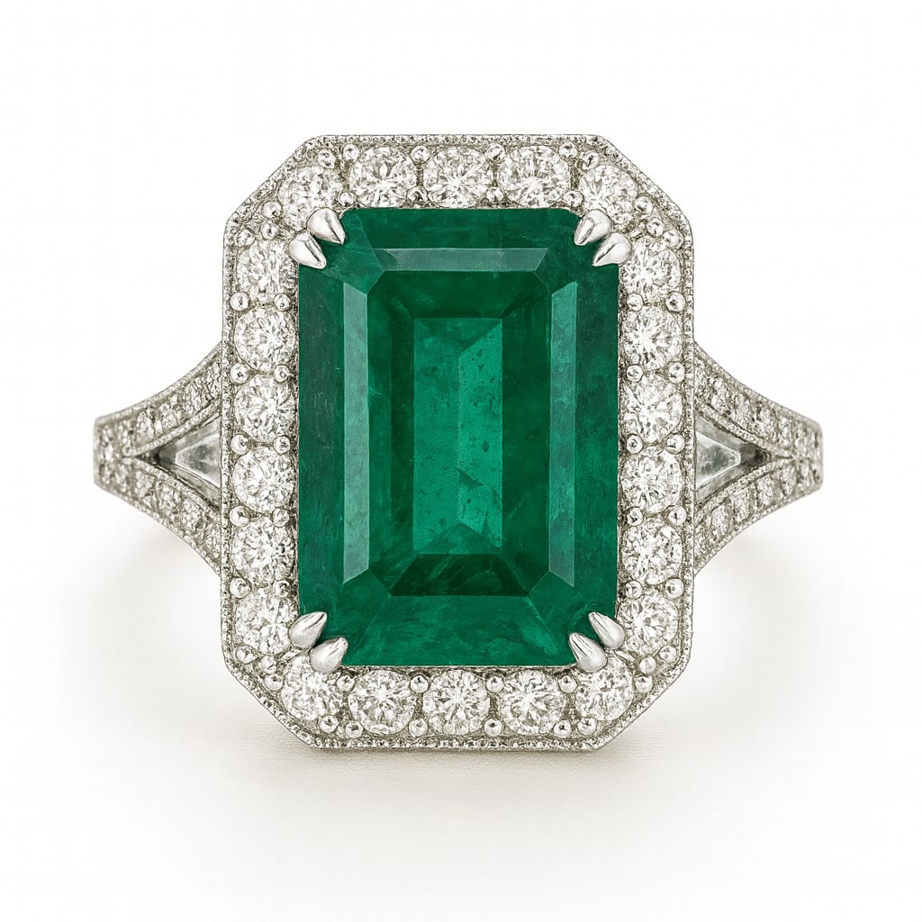 10.00 CT Emerald Cut Lab Grown Emerald Halo Ring with Lab Grown Diamond Accents in 14K White Gold (1 of 2)