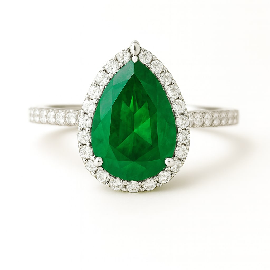 7.50 CT Pear Cut Lab Grown Emerald Halo Ring with Lab Grown Diamond Accents in 14K White Gold (1 of 2)