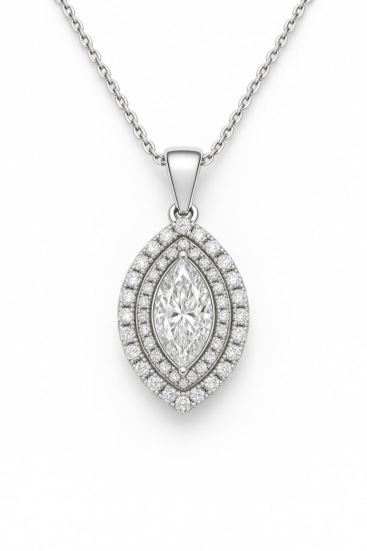2.00 CT Marquise Cut Lab Grown Diamond Double Halo Pendant in 14K White Gold: A stunning 2.00 carat marquise cut lab grown diamond sparkles at the center, framed by two rows of dazzling round diamonds in a double halo design. Suspended from a polished 14K white gold chain, this