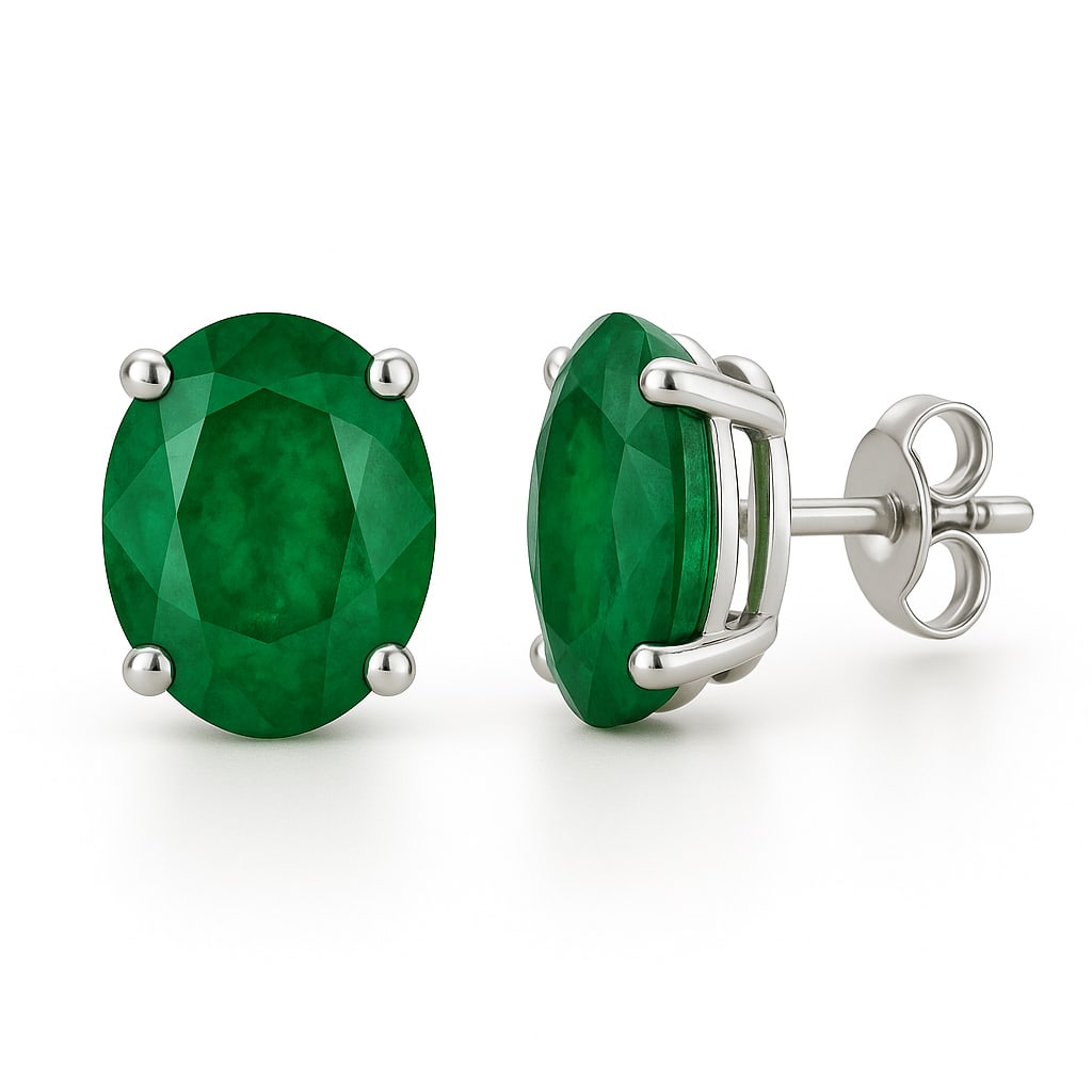 8.00 CT Oval Cut Lab Grown Emerald Stud Earrings in 14K White Gold: A pair of dazzling 8.00 carat oval cut lab grown emeralds radiate rich, vibrant green hues, set securely in polished 14K white gold. These timeless stud earrings bring a bold pop of color and refined 