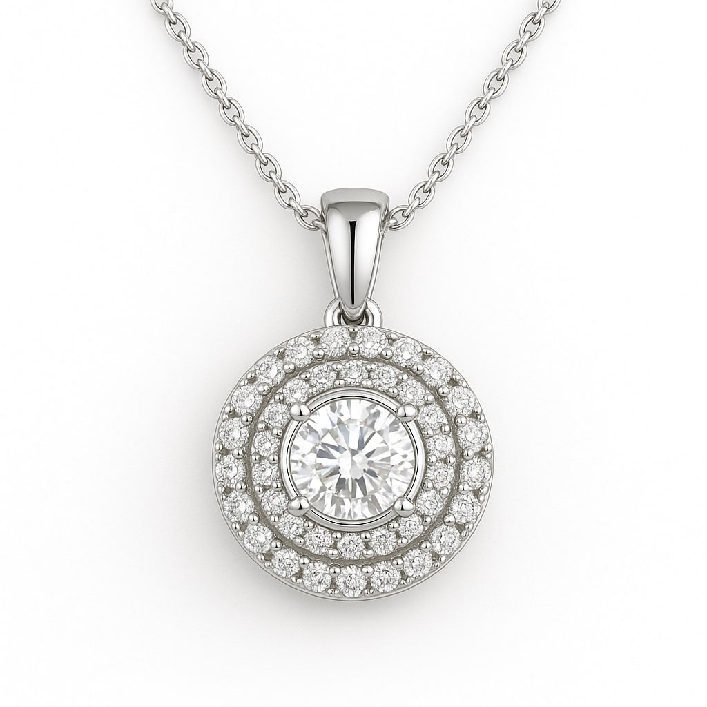 3.00 CT Round Cut Lab Grown Diamond Double Halo Pendant in 14K White Gold: A dazzling 3.00 carat round cut lab grown diamond shines brilliantly at the center, encircled by two rows of sparkling round diamonds in a double halo design. Suspended from a polished 14K white gold 