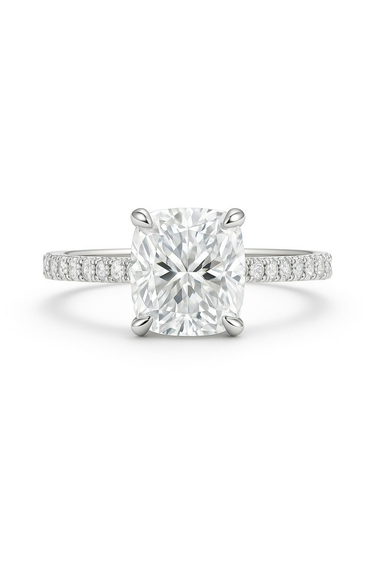 4.50 CT Cushion Cut Lab Grown Diamond Solitaire Ring with Pavé Band in 14K White Gold: A stunning 4.50 carat cushion cut lab grown diamond shines brilliantly in a classic solitaire setting. The pavé-set diamond band adds extra sparkle, while the polished 14K white gold setting provides