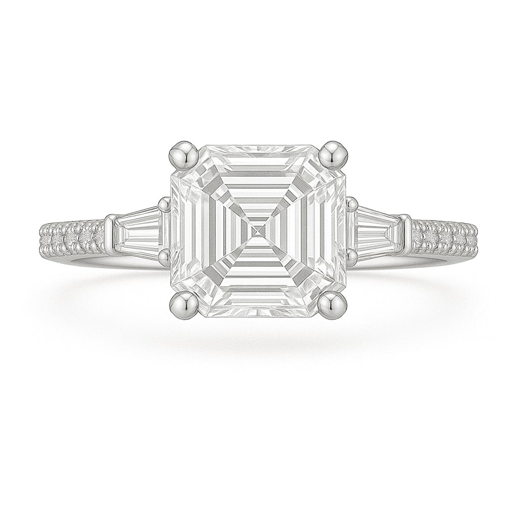 6.50 CT Asscher Cut Lab Grown Diamond Ring with Tapered Baguette Side Stones in 14K White Gold: A bold 6.50 carat Asscher cut lab grown diamond captures attention with its mesmerizing hall-of-mirrors effect, flanked by tapered baguette side stones. The pavé-set diamond band enhances its brillia