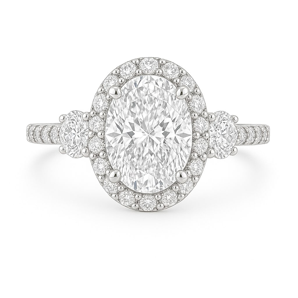 6.50 CT Oval Cut Lab Grown Diamond Halo Ring with Side Stones in 14K White Gold: A brilliant 6.50 carat oval cut lab grown diamond sparkles at the center, encircled by a halo of dazzling round diamonds. Two matching round side stones and a pavé-set diamond band complete the luxur