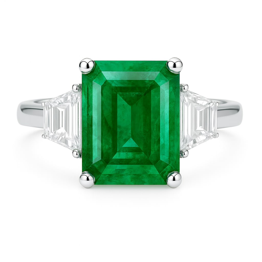 15.00 CT Emerald Cut Lab Grown Emerald Ring with Lab Grown Diamond Side Stones in 14K White Gold (1 of 2)