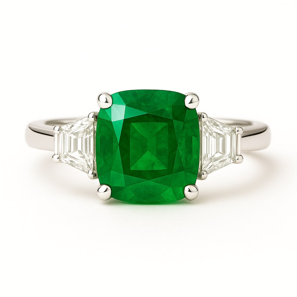 7.50 CT Cushion Cut Lab Grown Emerald Ring with Lab Grown Diamond Side Stones in 14K White Gold: A stunning 7.50 carat cushion cut lab grown emerald glows with vibrant green brilliance, flanked by trapezoid cut lab grown diamond side stones. Set in polished 14K white gold, this three-stone design
