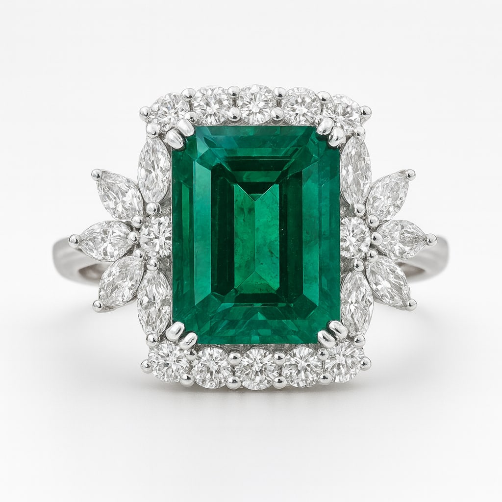 10.00 CT Emerald Cut Lab Grown Emerald Floral Halo Ring with Lab Grown Diamonds in 14K White Gold: A magnificent 10.00 carat emerald cut lab grown emerald glows with rich green brilliance, encircled by a floral halo of round and marquise cut lab grown diamonds. Set in polished 14K white gold, this 