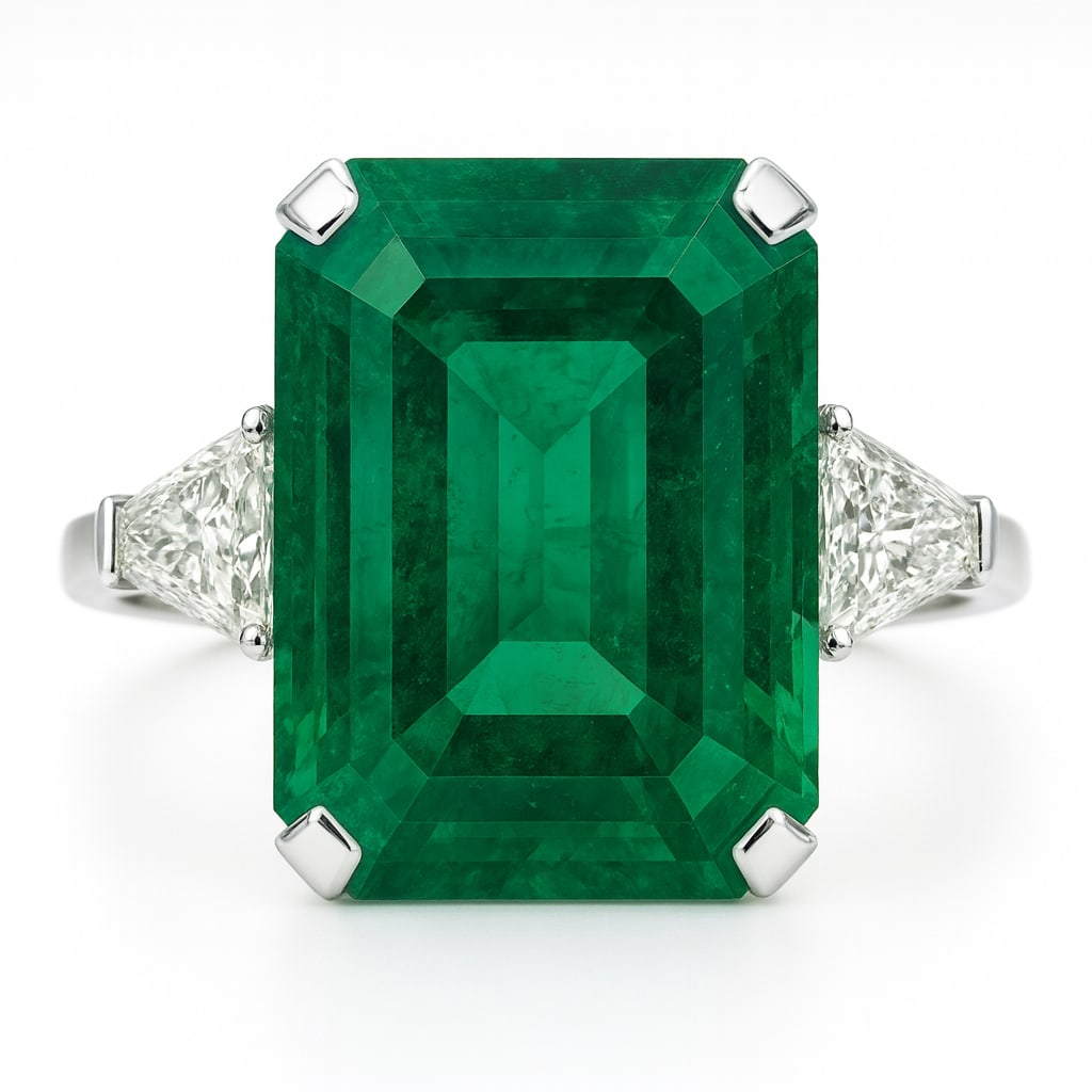 20.00 CT Emerald Cut Lab Grown Emerald Ring with Trillion Cut Lab Grown Diamond Side Stones in 14K: A magnificent 20.00 carat emerald cut lab grown emerald radiates deep green brilliance, enhanced by two trillion cut lab grown diamond side stones. Set in polished 14K white gold, this striking three-