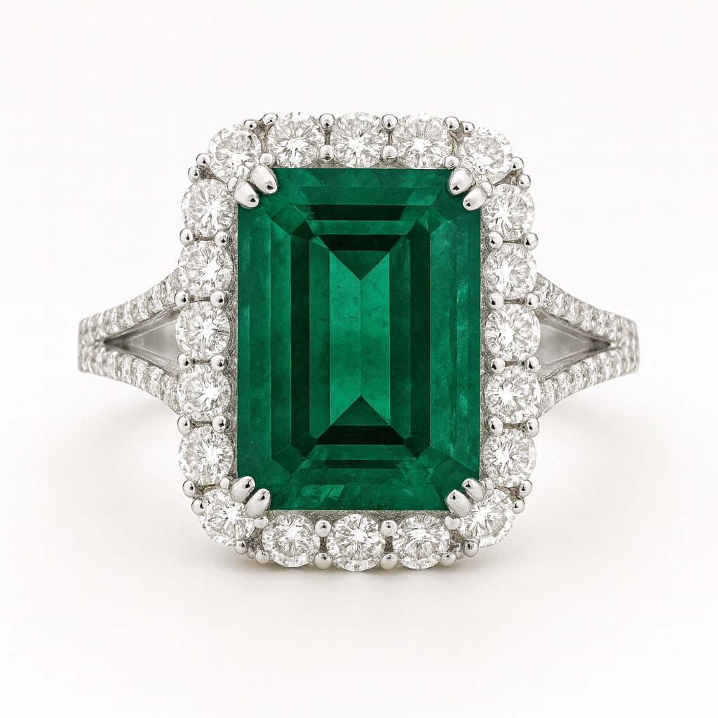 10.00 CT Emerald Cut Lab Grown Emerald Halo Ring with Lab Grown Diamond Accents in 14K White Gold (1 of 2)