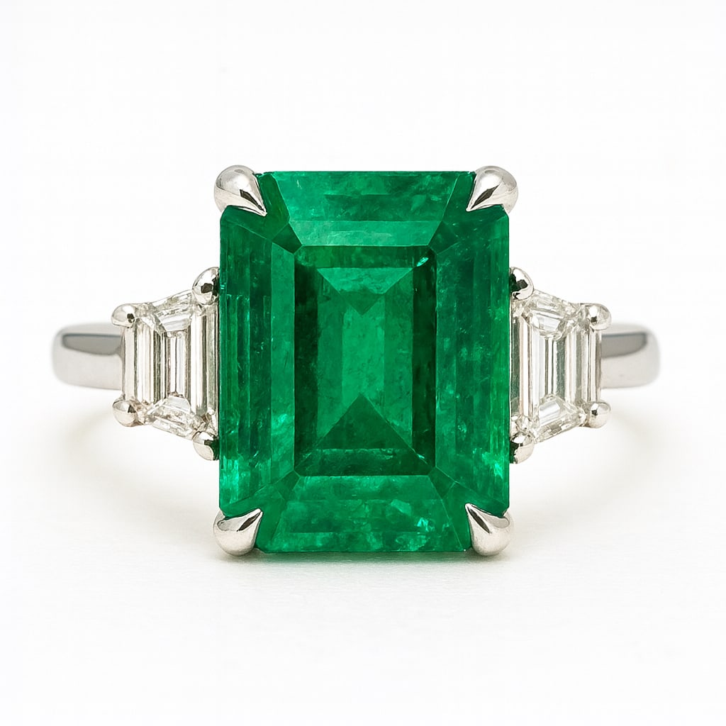 15.00 CT Emerald Cut Lab Grown Emerald Three-Stone Ring with Lab Grown Diamond Side Stones in 14K: A magnificent 15.00 carat emerald cut lab grown emerald glows with rich green brilliance, flanked by baguette cut lab grown diamond side stones. Set in polished 14K white gold, this elegant three-ston