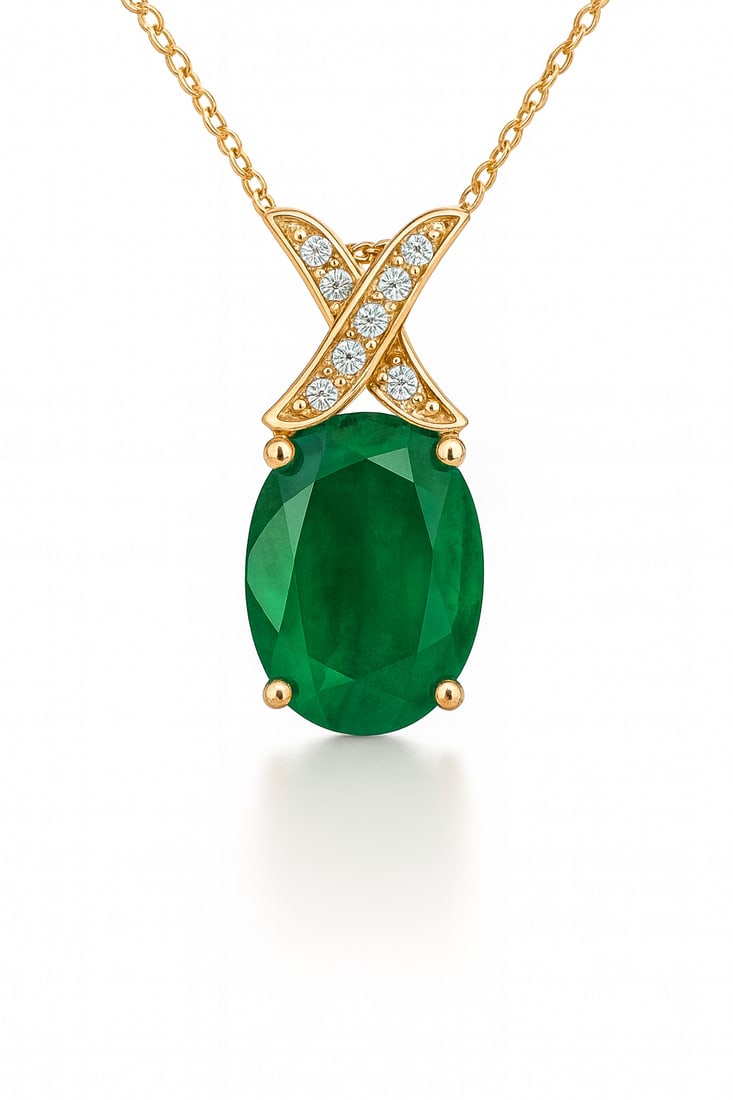 7.50 CT Oval Cut Lab Grown Emerald Pendant with Lab Grown Diamond Accents in 14K Yellow Gold: A stunning 7.50 carat oval cut lab grown emerald radiates vibrant green brilliance, suspended from a polished 14K yellow gold chain. The X-shaped bale is adorned with sparkling lab grown diamonds, add