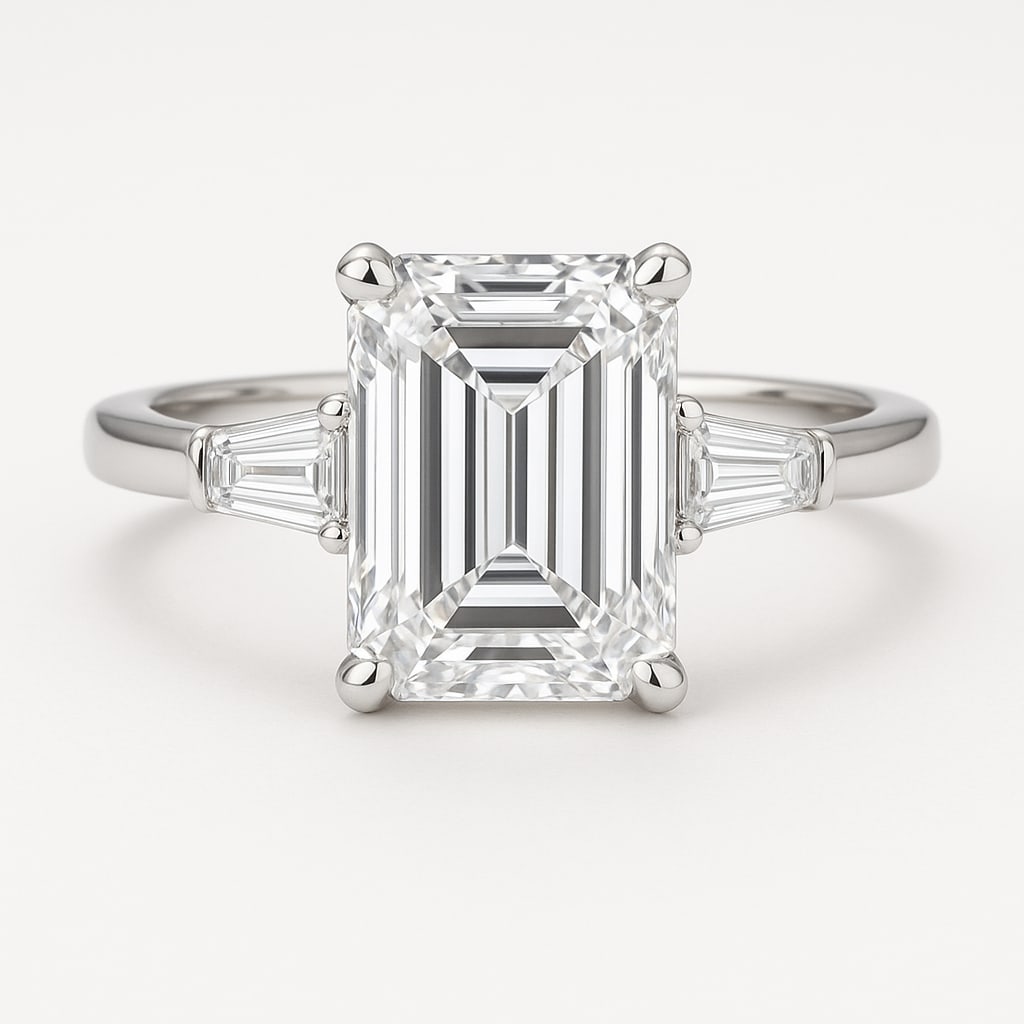 7.50 CT Emerald Cut Lab Grown Diamond Three-Stone Ring with Tapered Baguette Side Stones in 14K: A magnificent 7.50 carat emerald cut lab grown diamond sparkles with its hall-of-mirrors brilliance, flanked by tapered baguette side stones. Set in polished 14K white gold, this three-stone design bl