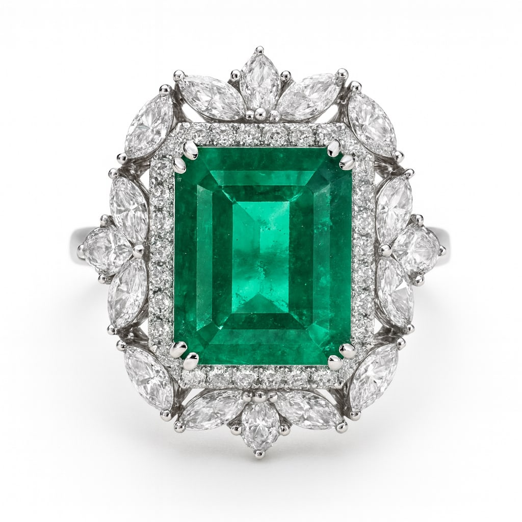 12.00 CT Emerald Cut Lab Grown Emerald Floral Halo Ring with Lab Grown Diamonds in 14K White Gold (1 of 2)