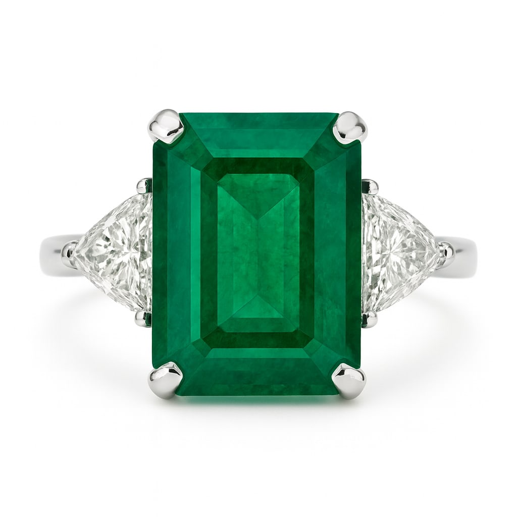 15.00 CT Emerald Cut Lab Grown Emerald Three-Stone Ring with Trillion Cut Lab Grown Diamond Side: A majestic 15.00 carat emerald cut lab grown emerald radiates with vibrant green brilliance, flanked by two trillion cut lab grown diamond side stones. Set in polished 14K white gold, this sophisticat