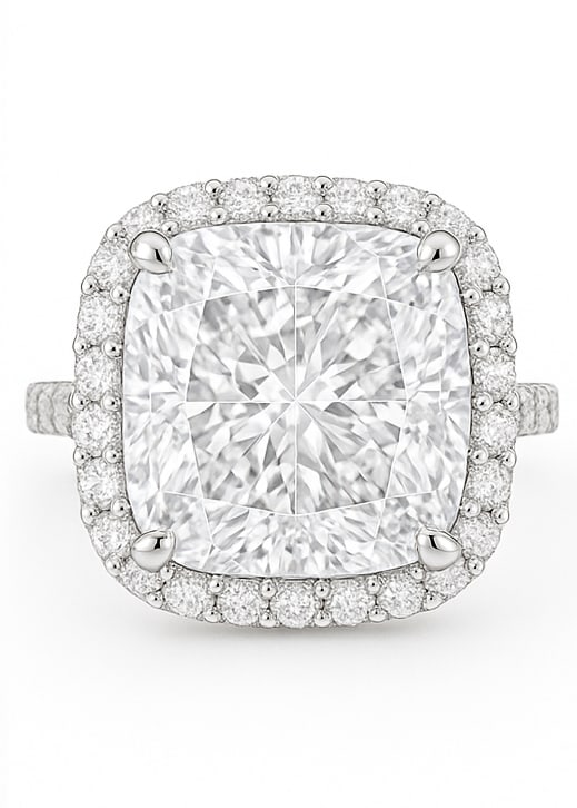 8.50 CT Cushion Cut Lab Grown Diamond Halo Ring with Pavé Band in 14K White Gold: A breathtaking 8.50 carat cushion cut lab grown diamond sparkles at the center, surrounded by a halo of brilliant round diamonds. The pavé-set diamond band adds extra brilliance and sophistication, w
