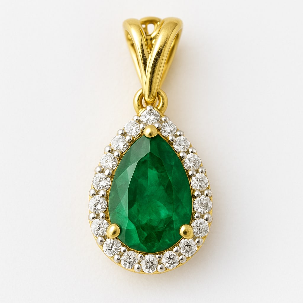 5.00 CT Pear Cut Lab Grown Emerald Halo Pendant with Lab Grown Diamonds in 14K Yellow Gold: A stunning 5.00 carat pear cut lab grown emerald glows with rich green brilliance, encircled by a halo of sparkling round lab grown diamonds. Set in polished 14K yellow gold, this pendant exudes timel